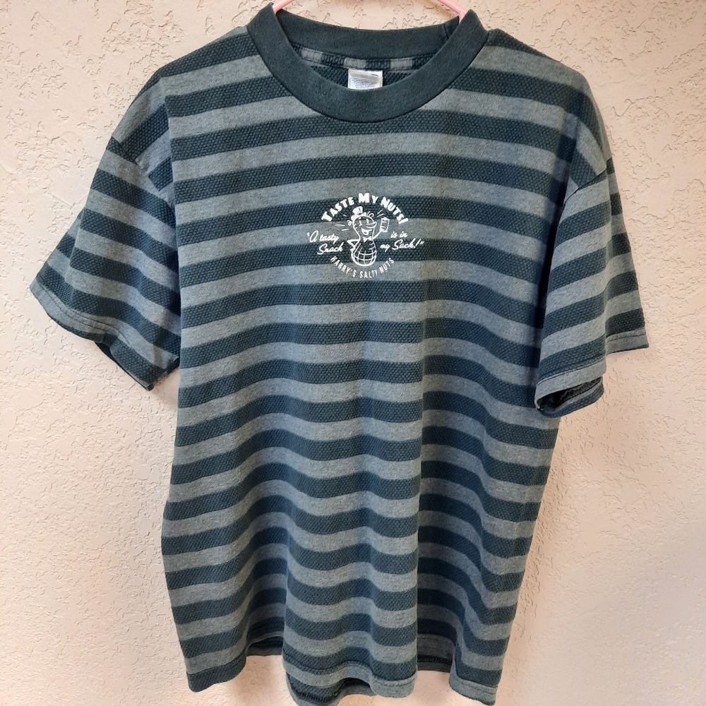 Comical "Harry's Salty Nuts" Striped Gray T-Shirt With Peanut Graphic